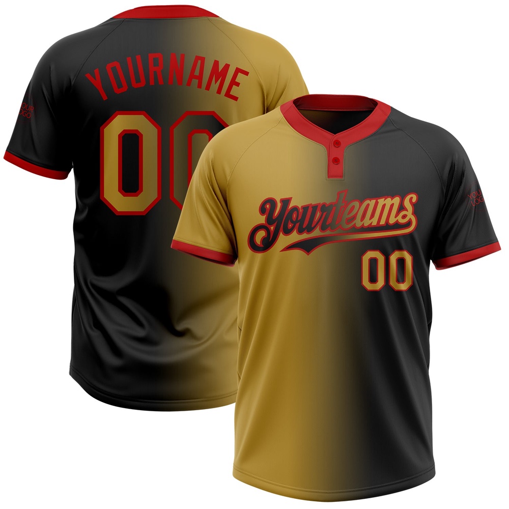 Black Old Gold Red Gradient Fashion Two Button Unisex Softball Jersey, Custom Team Softball Jersey Black Old Gold Red Gradient Fashion Two Button Unisex Softball Jersey, Custom Team Softball Jersey