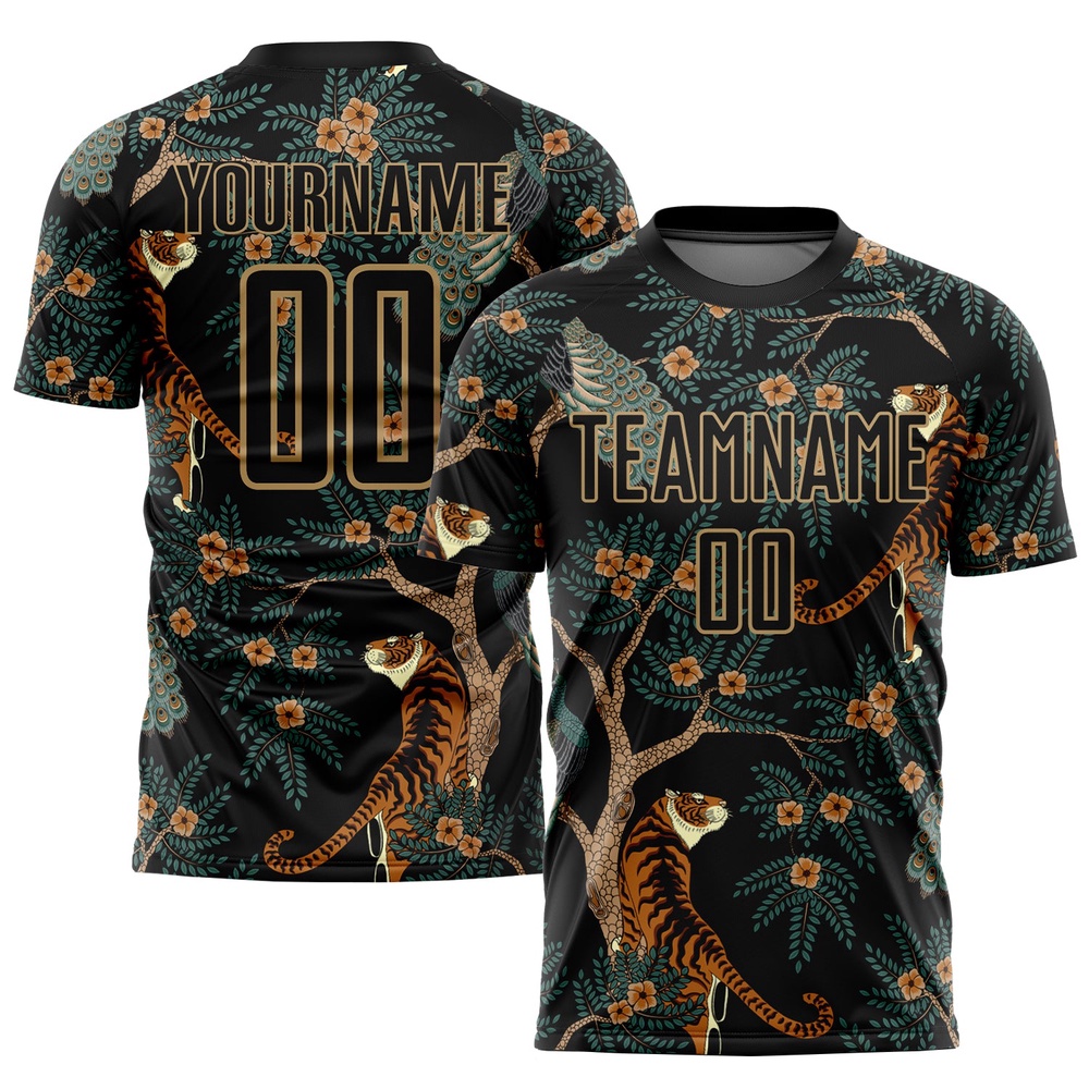 Black Old Gold Tiger And Peacock Sublimation Soccer Uniform Jersey, Custom Team Soccer Jersey Shirt