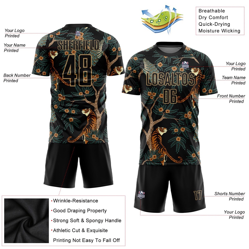 Black Old Gold Tiger And Peacock Sublimation Soccer Uniform Jersey, Custom Team Soccer Jersey Shirt