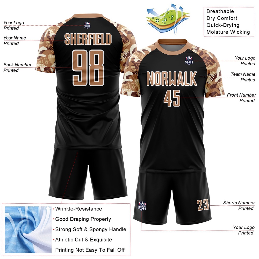 Black Old Gold White Camouflage Sublimation Soccer Uniform Jersey, Custom Team Soccer Jersey Shirt Black Old Gold White Camouflage Sublimation Soccer Uniform Jersey, Custom Team Soccer Jersey Shirt