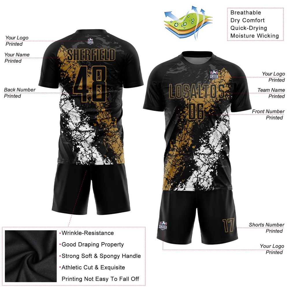 Black Old Gold White Sublimation Soccer Uniform Jersey, Custom Team Soccer Jersey Shirt