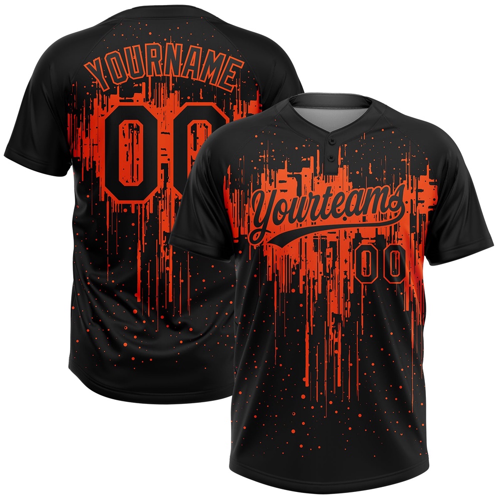 Black Orange 3D Pattern Dripping Splatter Art Two Button Unisex Softball Jersey, Custom Team Softball Jersey Black Orange 3D Pattern Dripping Splatter Art Two Button Unisex Softball Jersey, Custom Team Softball Jersey
