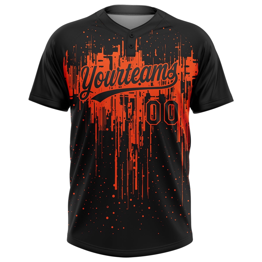 Black Orange 3D Pattern Dripping Splatter Art Two Button Unisex Softball Jersey, Custom Team Softball Jersey Black Orange 3D Pattern Dripping Splatter Art Two Button Unisex Softball Jersey, Custom Team Softball Jersey