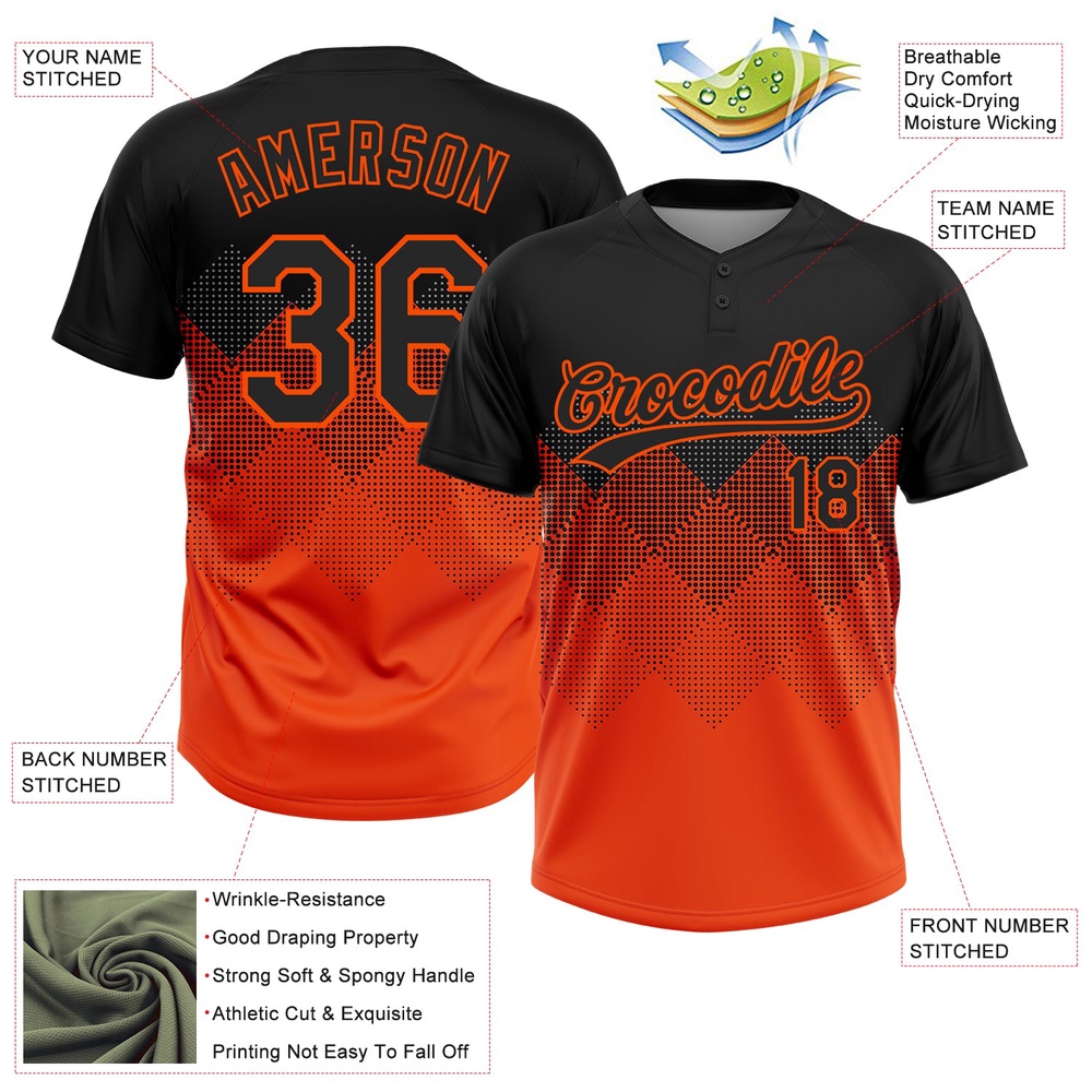 Black Orange 3D Pattern Gradient Square Shapes Two Button Unisex Softball Jersey, Custom Team Softball Jersey