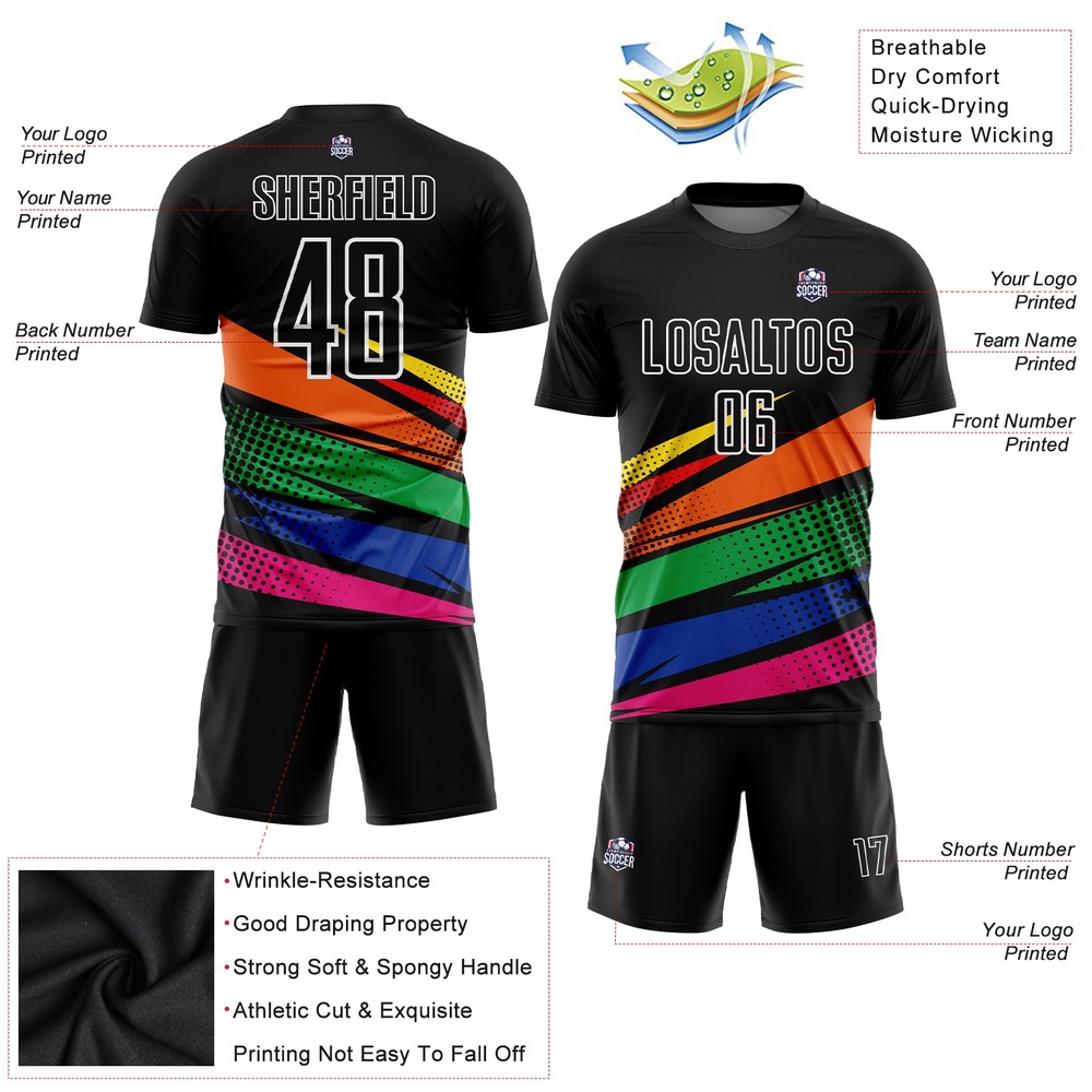 Black Orange Kelly Green Sublimation Soccer Uniform Jersey, Custom Team Soccer Jersey Shirt Black Orange Kelly Green Sublimation Soccer Uniform Jersey, Custom Team Soccer Jersey Shirt