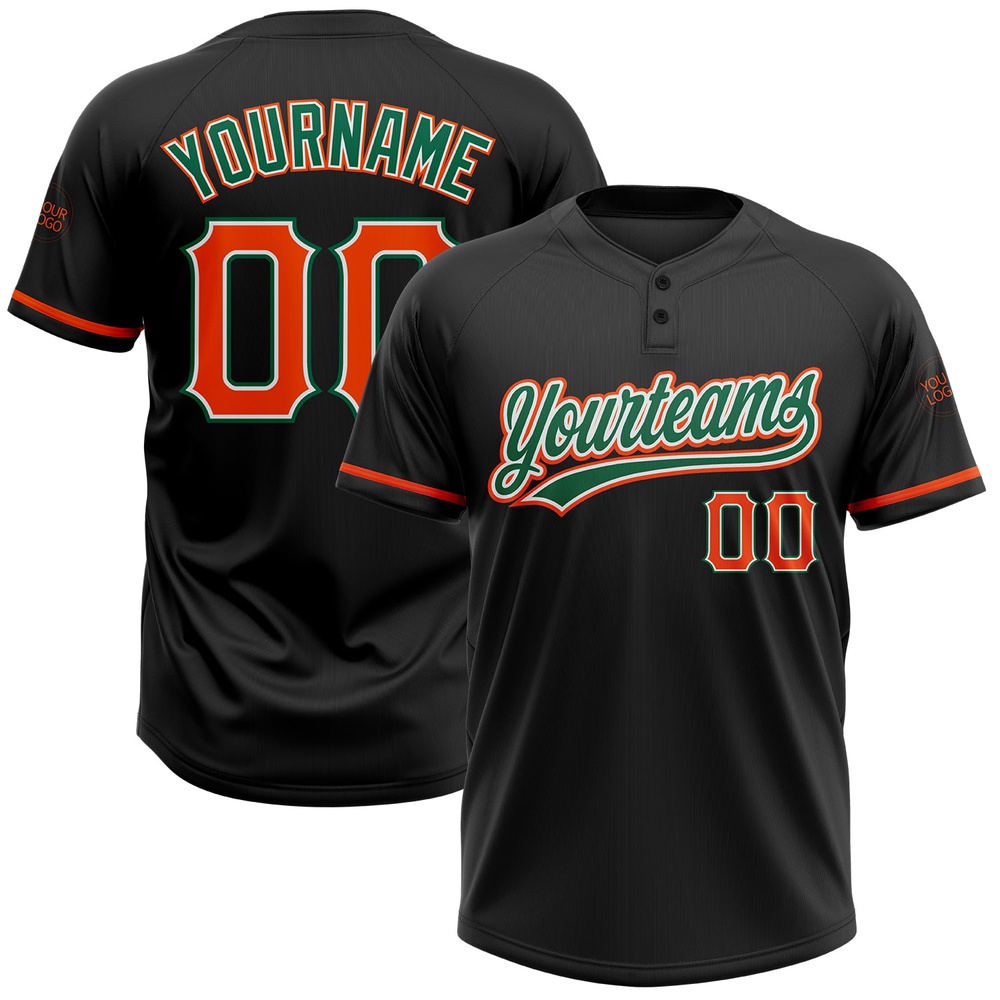 Black Orange Kelly Green Two Button Unisex Softball Jersey, Custom Team Softball Jersey
