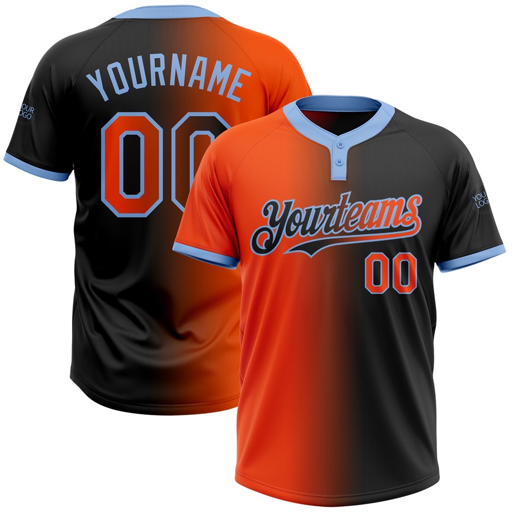 Black Orange Light Blue Gradient Fashion Two Button Unisex Softball Jersey, Custom Team Softball Jersey