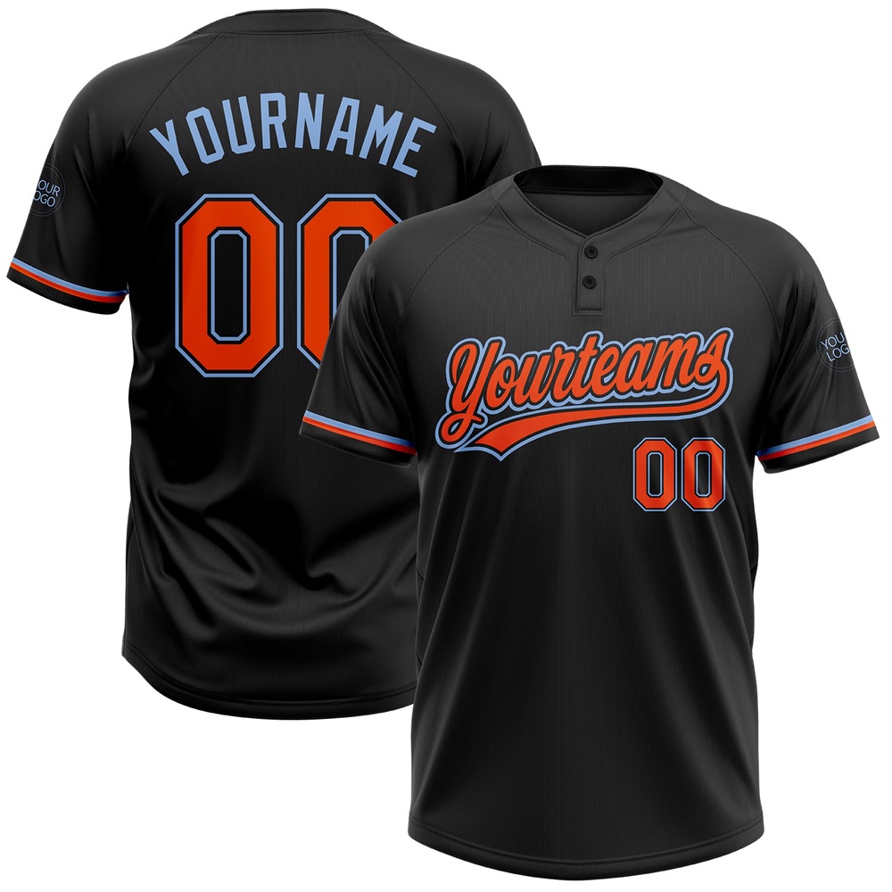 Black Orange Light Blue Two Button Unisex Softball Jersey, Custom Team Softball Jersey