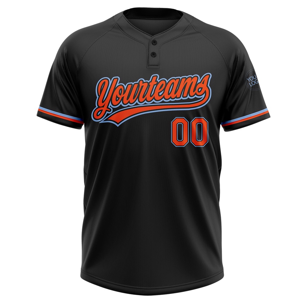 Black Orange Light Blue Two Button Unisex Softball Jersey, Custom Team Softball Jersey