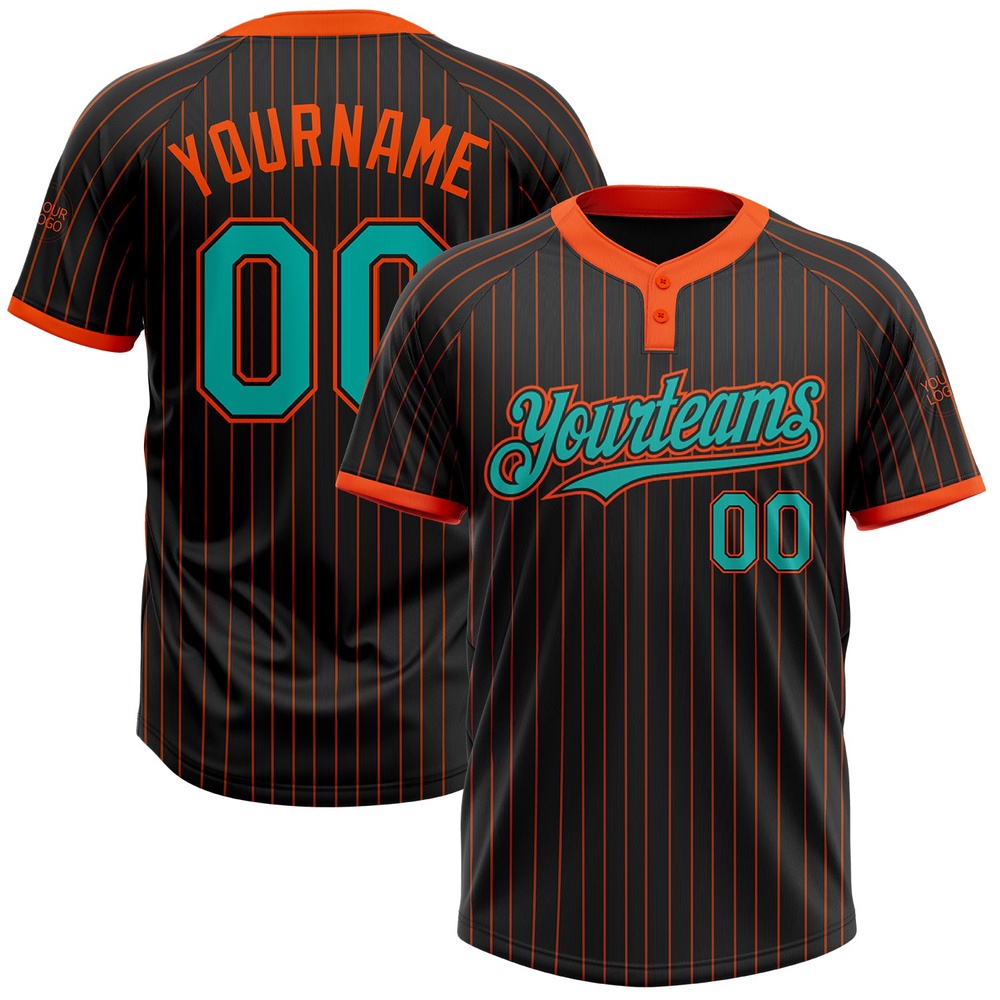 Black Orange Pinstripe Aqua Two Button Unisex Softball Jersey, Custom Team Softball Jersey