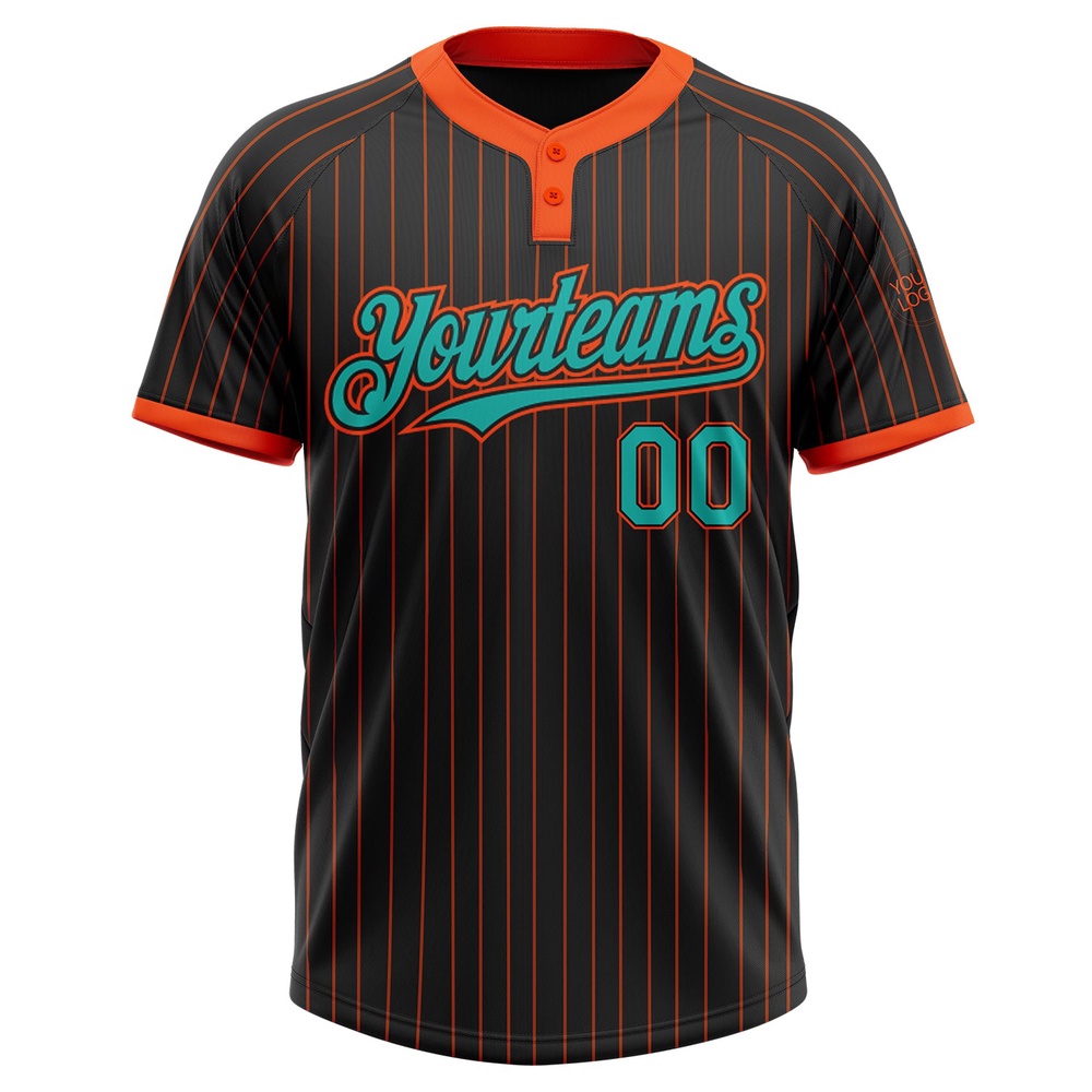Black Orange Pinstripe Aqua Two Button Unisex Softball Jersey, Custom Team Softball Jersey