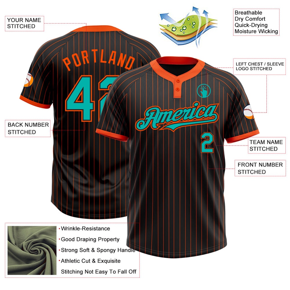 Black Orange Pinstripe Aqua Two Button Unisex Softball Jersey, Custom Team Softball Jersey