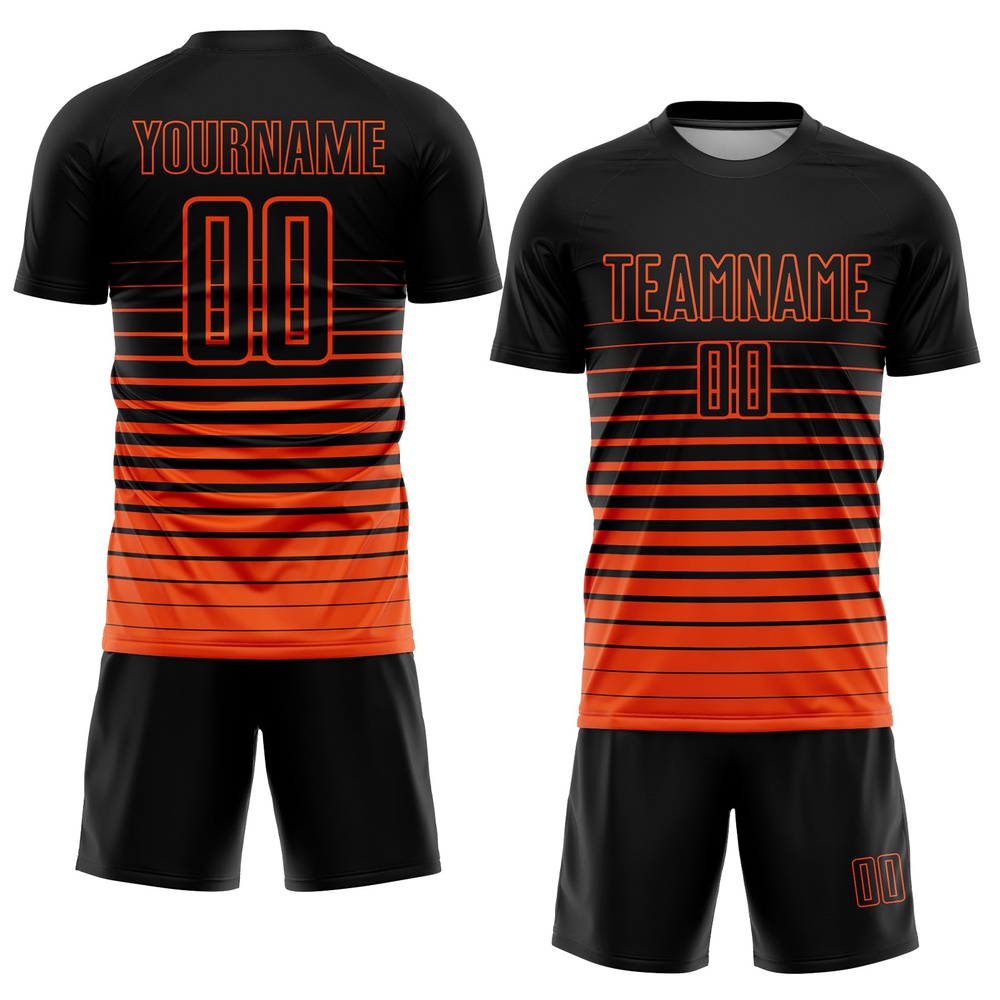 Black Orange Pinstripe Fade Fashion Sublimation Soccer Uniform Jersey, Custom Team Soccer Jersey Shirt