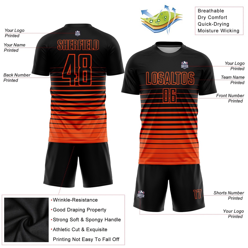 Black Orange Pinstripe Fade Fashion Sublimation Soccer Uniform Jersey, Custom Team Soccer Jersey Shirt
