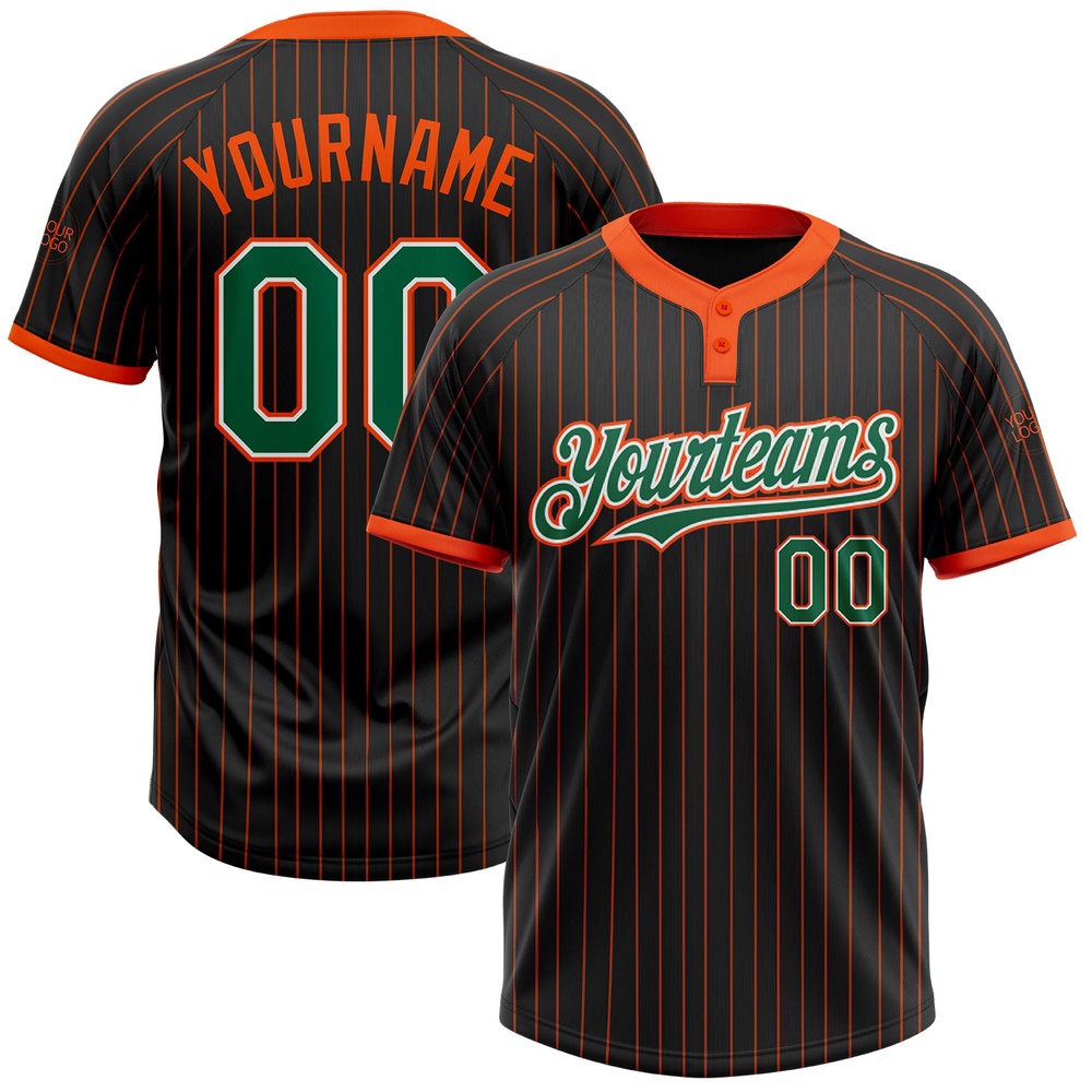 Black Orange Pinstripe Kelly Green White Two Button Unisex Softball Jersey, Custom Team Softball Jersey