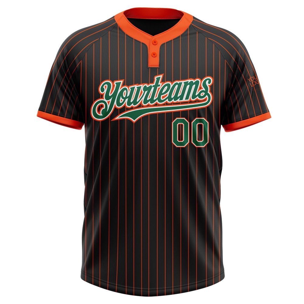 Black Orange Pinstripe Kelly Green White Two Button Unisex Softball Jersey, Custom Team Softball Jersey