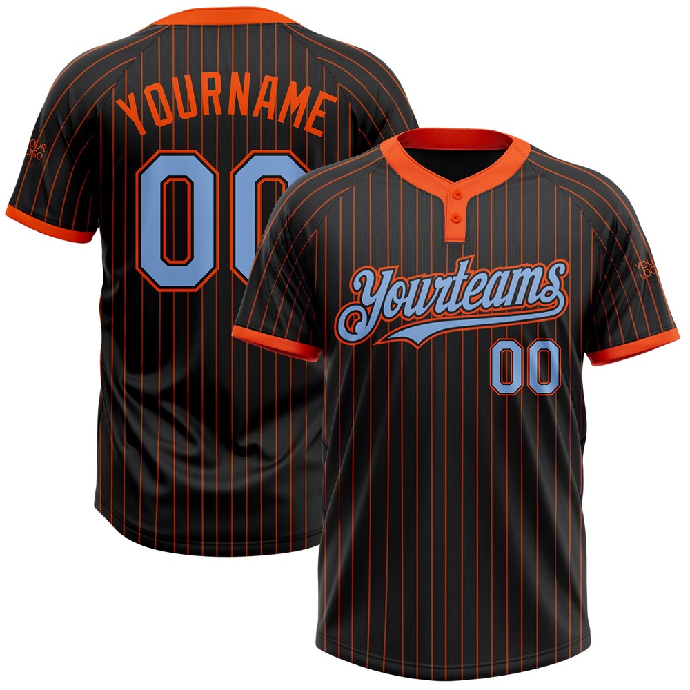 Black Orange Pinstripe Light Blue Two Button Unisex Softball Jersey, Custom Team Softball Jersey