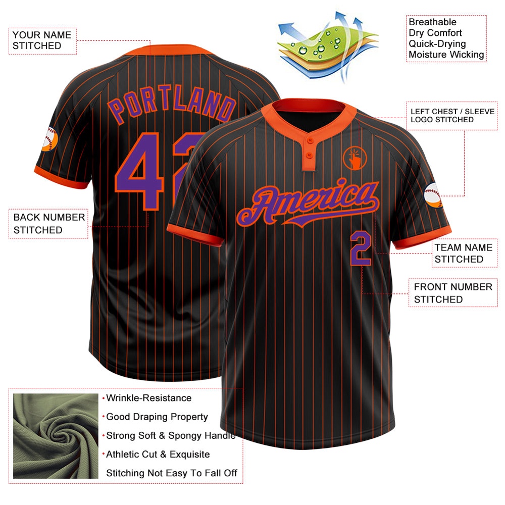 Black Orange Pinstripe Purple Two Button Unisex Softball Jersey, Custom Team Softball Jersey