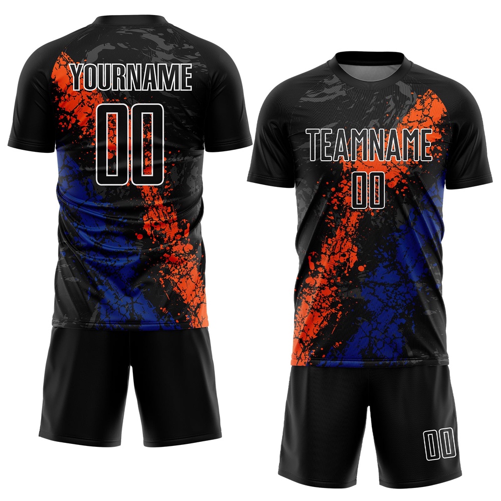 Black Orange Royal Dripping Splatter Art Sublimation Soccer Uniform Jersey, Custom Team Soccer Jersey Shirt Black Orange Royal Dripping Splatter Art Sublimation Soccer Uniform Jersey, Custom Team Soccer Jersey Shirt