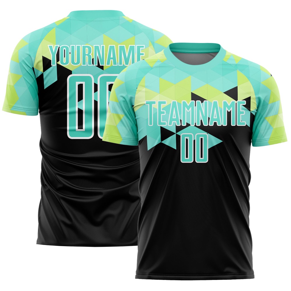 Black Pea Green White Geometric Shapes Sublimation Soccer Uniform Jersey, Custom Team Soccer Jersey Shirt Black Pea Green White Geometric Shapes Sublimation Soccer Uniform Jersey, Custom Team Soccer Jersey Shirt