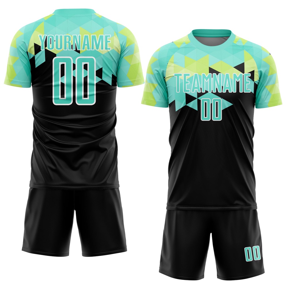 Black Pea Green White Geometric Shapes Sublimation Soccer Uniform Jersey, Custom Team Soccer Jersey Shirt Black Pea Green White Geometric Shapes Sublimation Soccer Uniform Jersey, Custom Team Soccer Jersey Shirt