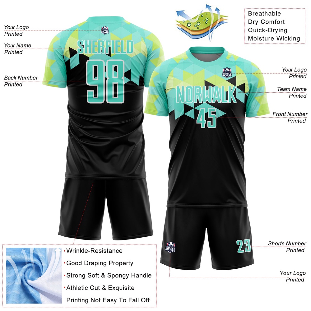 Black Pea Green White Geometric Shapes Sublimation Soccer Uniform Jersey, Custom Team Soccer Jersey Shirt Black Pea Green White Geometric Shapes Sublimation Soccer Uniform Jersey, Custom Team Soccer Jersey Shirt