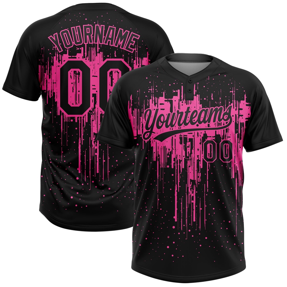 Black Pink 3D Pattern Dripping Splatter Art Two Button Unisex Softball Jersey, Custom Team Softball Jersey Black Pink 3D Pattern Dripping Splatter Art Two Button Unisex Softball Jersey, Custom Team Softball Jersey