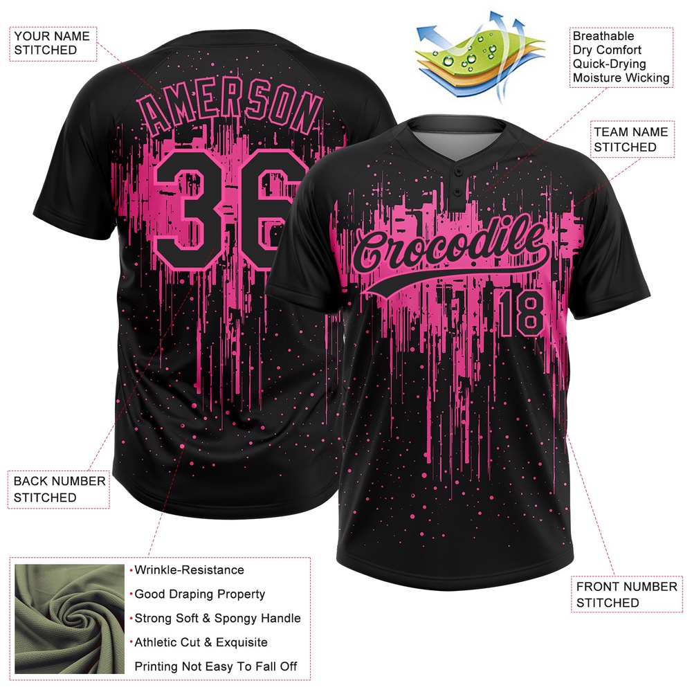 Black Pink 3D Pattern Dripping Splatter Art Two Button Unisex Softball Jersey, Custom Team Softball Jersey Black Pink 3D Pattern Dripping Splatter Art Two Button Unisex Softball Jersey, Custom Team Softball Jersey