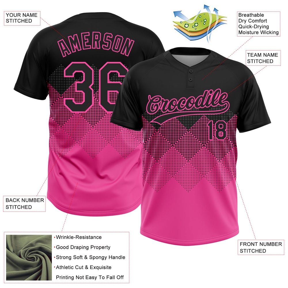 Black Pink 3D Pattern Gradient Square Shapes Two Button Unisex Softball Jersey, Custom Team Softball Jersey