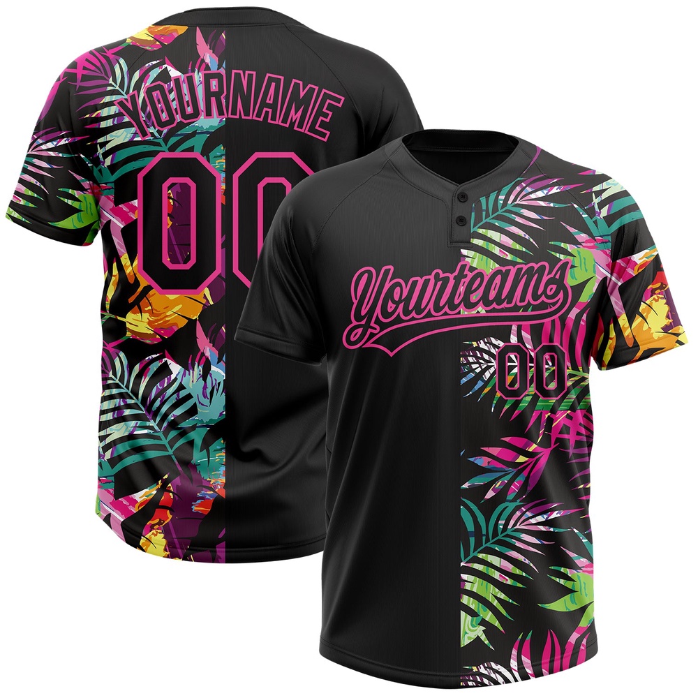 Black Pink 3D Pattern Hawaii Tropical Palm Leaves Two Button Unisex Softball Jersey, Custom Team Softball Jersey Black Pink 3D Pattern Hawaii Tropical Palm Leaves Two Button Unisex Softball Jersey, Custom Team Softball Jersey