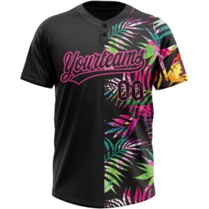Black Pink 3D Pattern Hawaii Tropical Palm Leaves Two Button Unisex Softball Jersey Custom Team Softball Jersey 2 jf9nbe.jpg