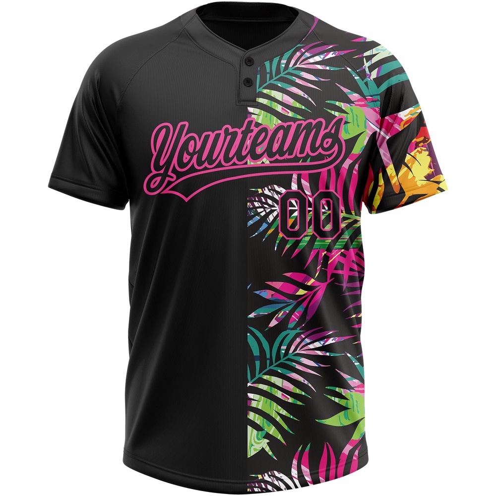 Black Pink 3D Pattern Hawaii Tropical Palm Leaves Two Button Unisex Softball Jersey, Custom Team Softball Jersey Black Pink 3D Pattern Hawaii Tropical Palm Leaves Two Button Unisex Softball Jersey, Custom Team Softball Jersey