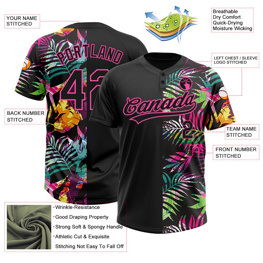 Black Pink 3D Pattern Hawaii Tropical Palm Leaves Two Button Unisex Softball Jersey, Custom Team Softball Jersey Black Pink 3D Pattern Hawaii Tropical Palm Leaves Two Button Unisex Softball Jersey, Custom Team Softball Jersey