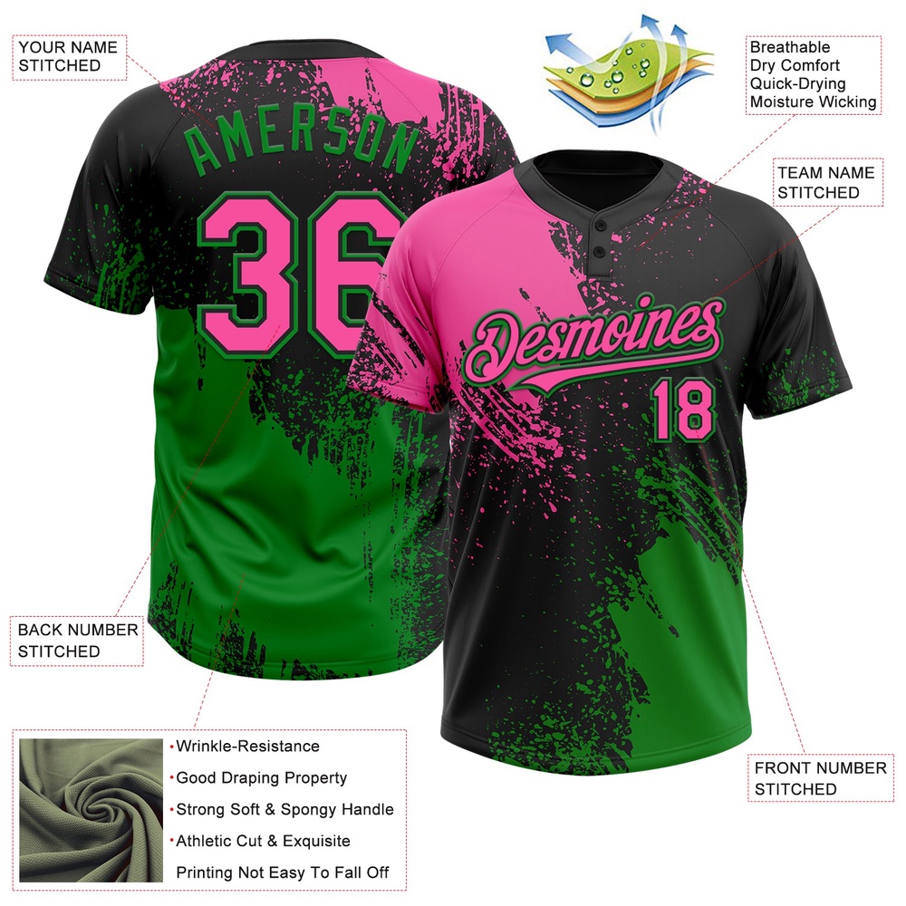 Black Pink Grass Green 3D Pattern Abstract Brush Stroke Two Button Unisex Softball Jersey, Custom Team Softball Jersey Black Pink Grass Green 3D Pattern Abstract Brush Stroke Two Button Unisex Softball Jersey, Custom Team Softball Jersey