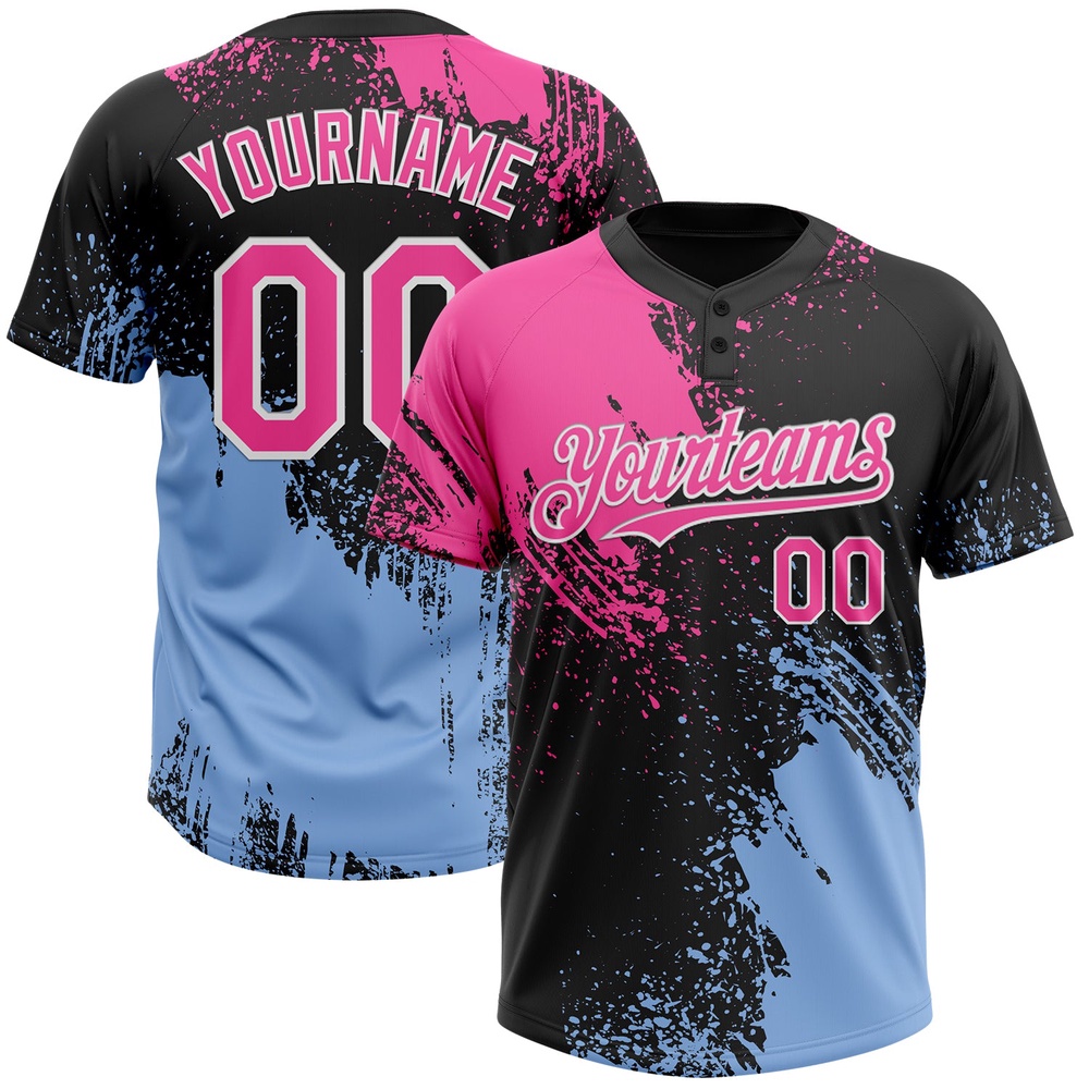 Black Pink Light Blue 3D Pattern Abstract Brush Stroke Two Button Unisex Softball Jersey, Custom Team Softball Jersey