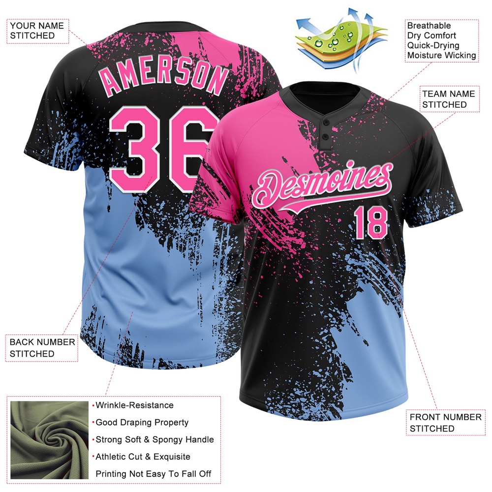 Black Pink Light Blue 3D Pattern Abstract Brush Stroke Two Button Unisex Softball Jersey, Custom Team Softball Jersey