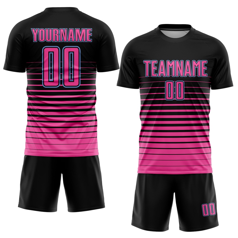 Black Pink Light Blue Pinstripe Fade Fashion Sublimation Soccer Uniform Jersey, Custom Team Soccer Jersey Shirt