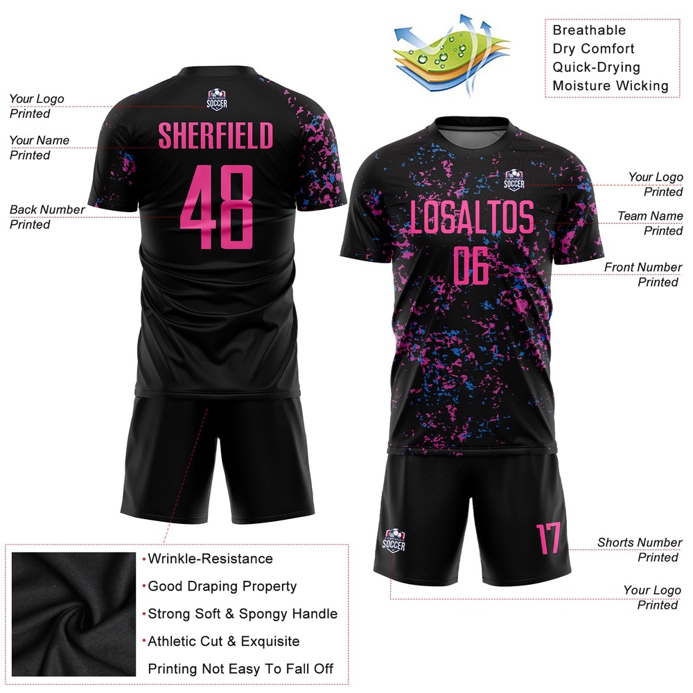 Black Pink Light Blue Sublimation Soccer Uniform Jersey, Custom Team Soccer Jersey Shirt