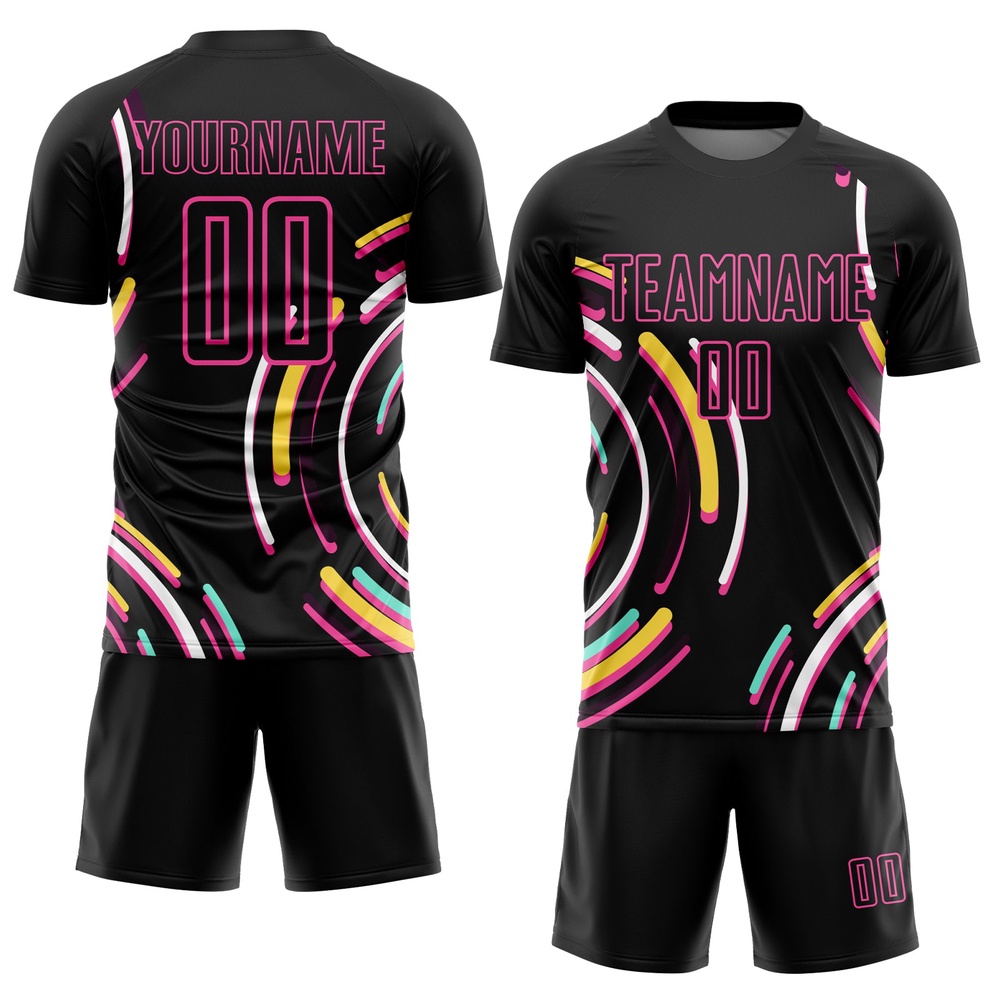 Black Pink Lines Sublimation Soccer Uniform Jersey, Custom Team Soccer Jersey Shirt