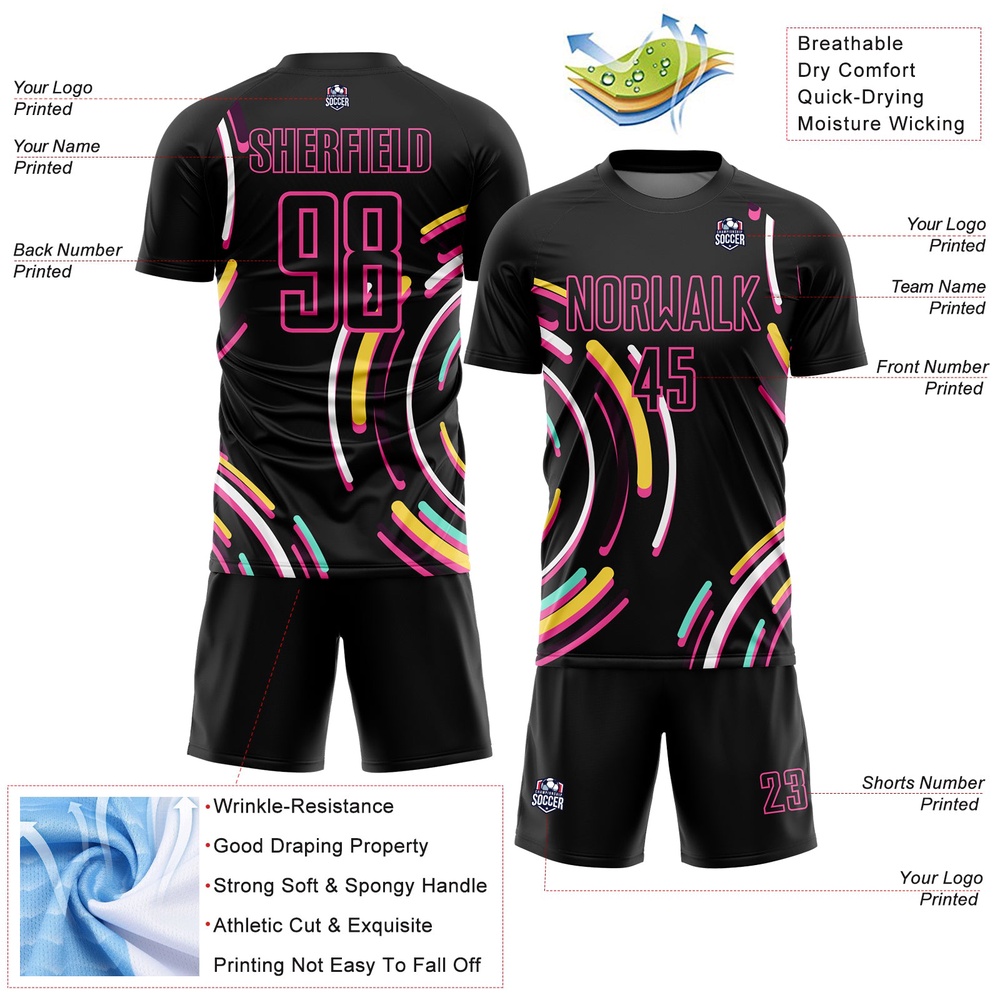 Black Pink Lines Sublimation Soccer Uniform Jersey, Custom Team Soccer Jersey Shirt