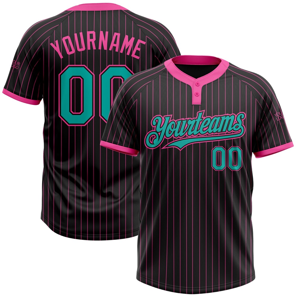 Black Pink Pinstripe Aqua Two Button Unisex Softball Jersey, Custom Team Softball Jersey
