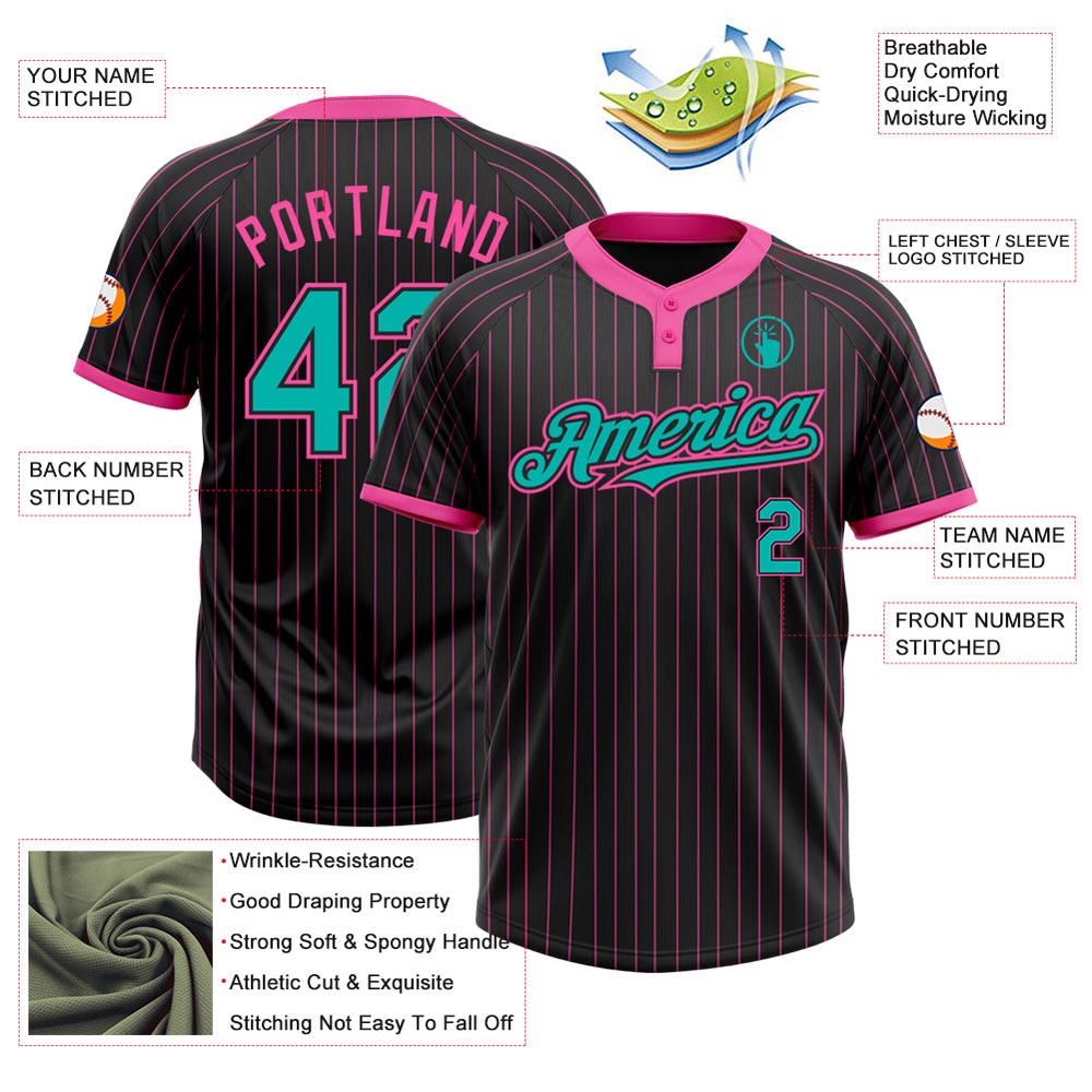 Black Pink Pinstripe Aqua Two Button Unisex Softball Jersey, Custom Team Softball Jersey