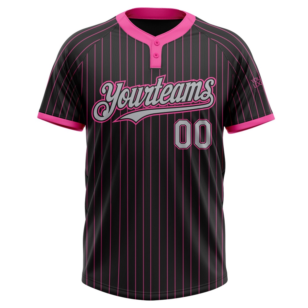 Black Pink Pinstripe Gray Two Button Unisex Softball Jersey, Custom Team Softball Jersey