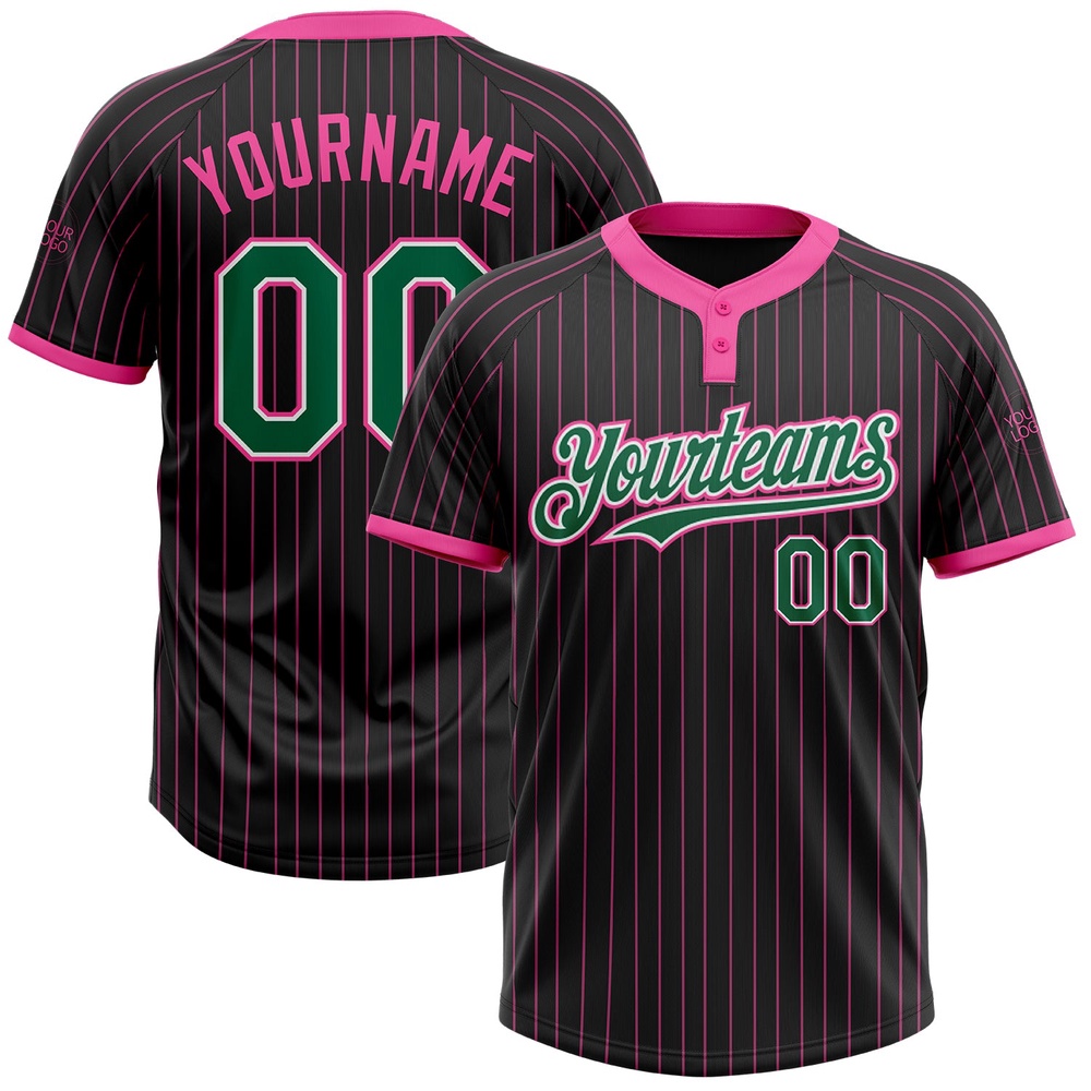Black Pink Pinstripe Kelly Green White Two Button Unisex Softball Jersey, Custom Team Softball Jersey