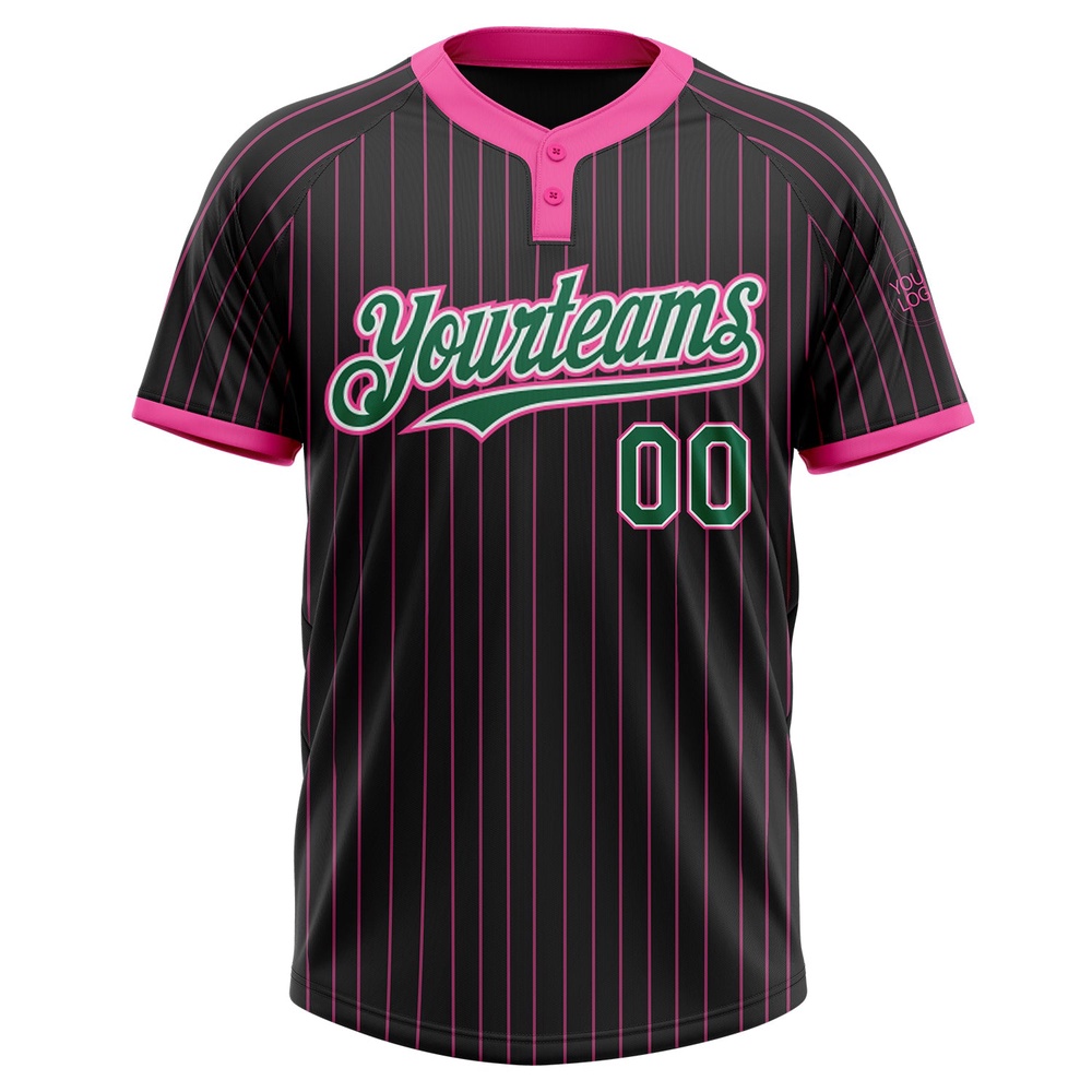 Black Pink Pinstripe Kelly Green White Two Button Unisex Softball Jersey, Custom Team Softball Jersey