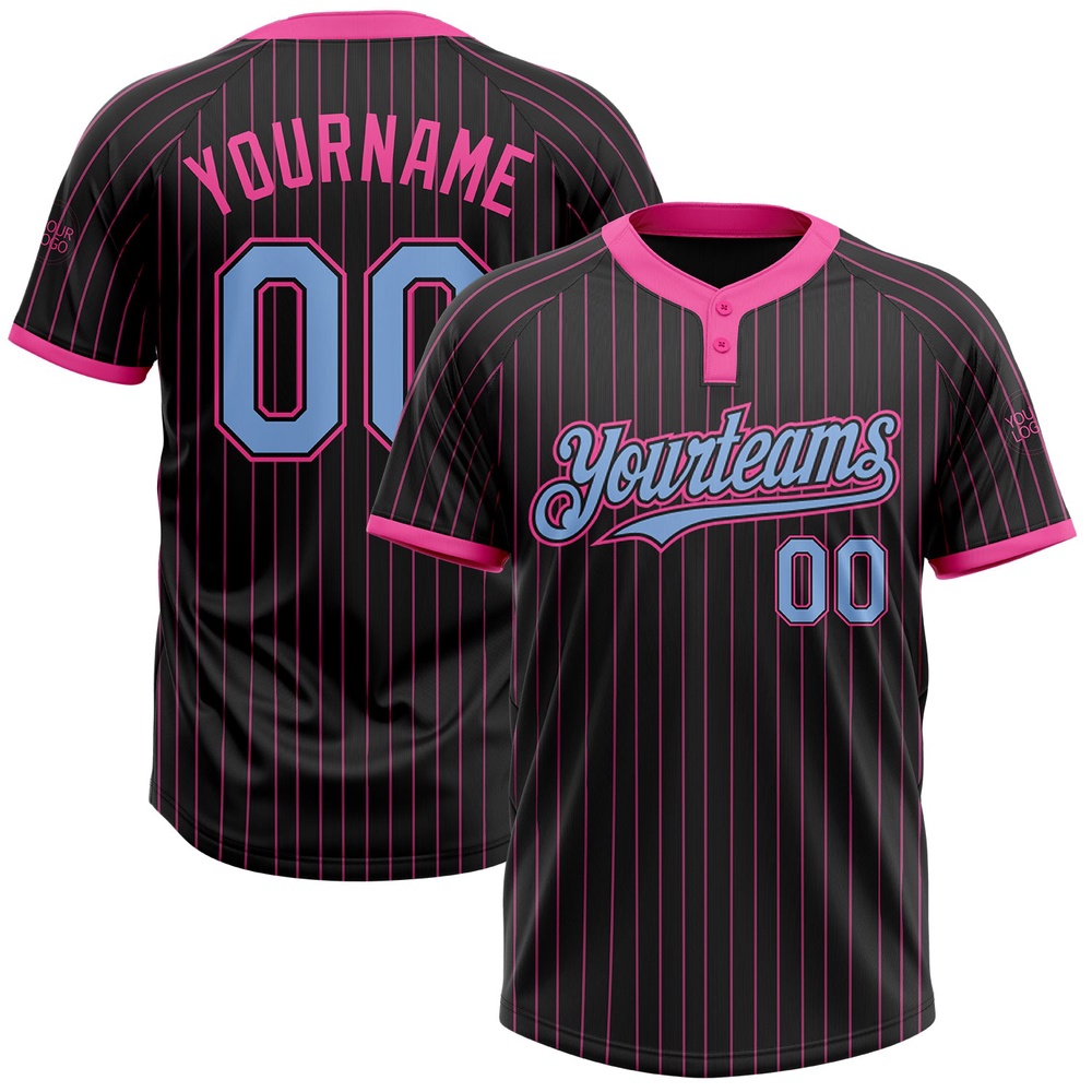 Black Pink Pinstripe Light Blue Two Button Unisex Softball Jersey, Custom Team Softball Jersey