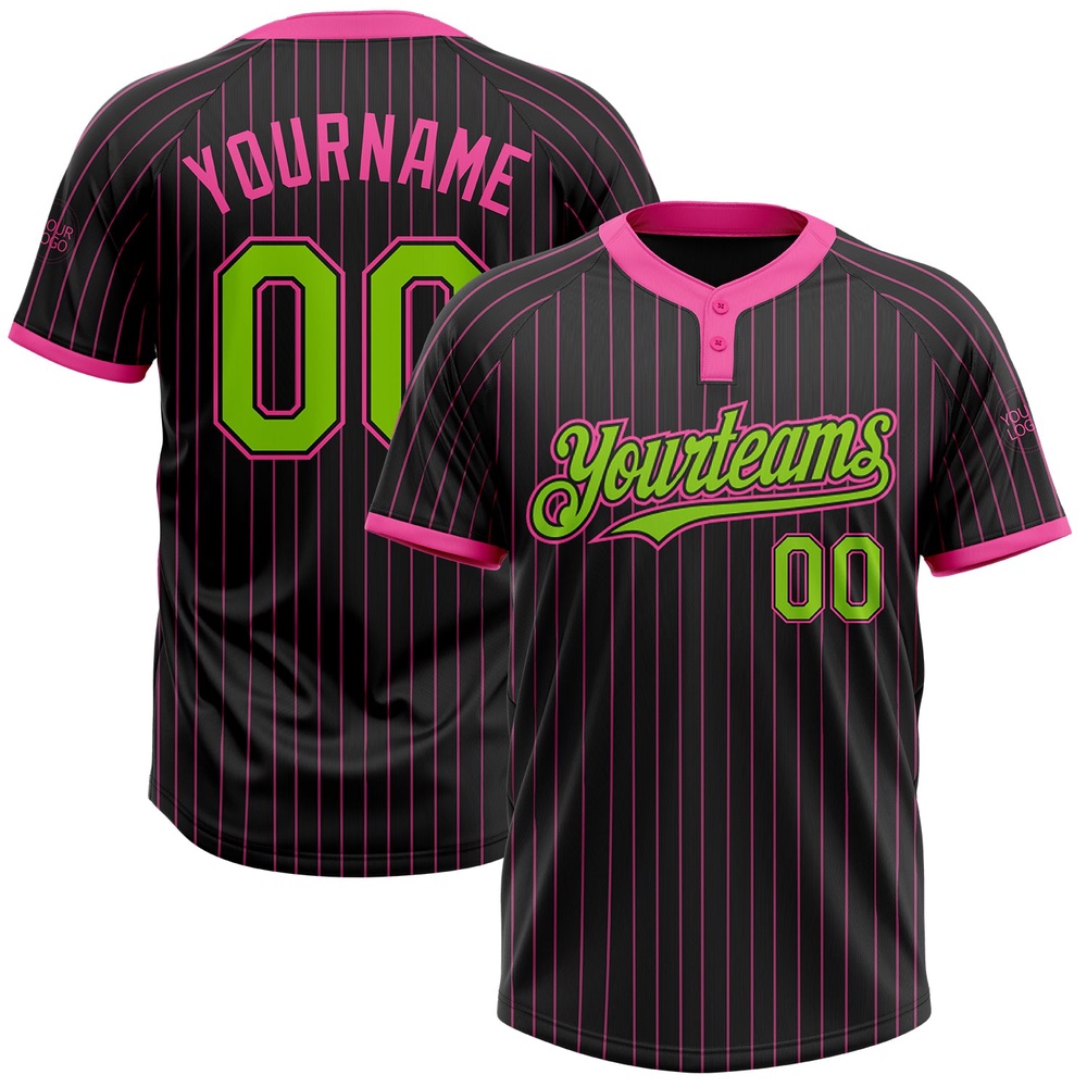 Black Pink Pinstripe Neon Green Two Button Unisex Softball Jersey, Custom Team Softball Jersey
