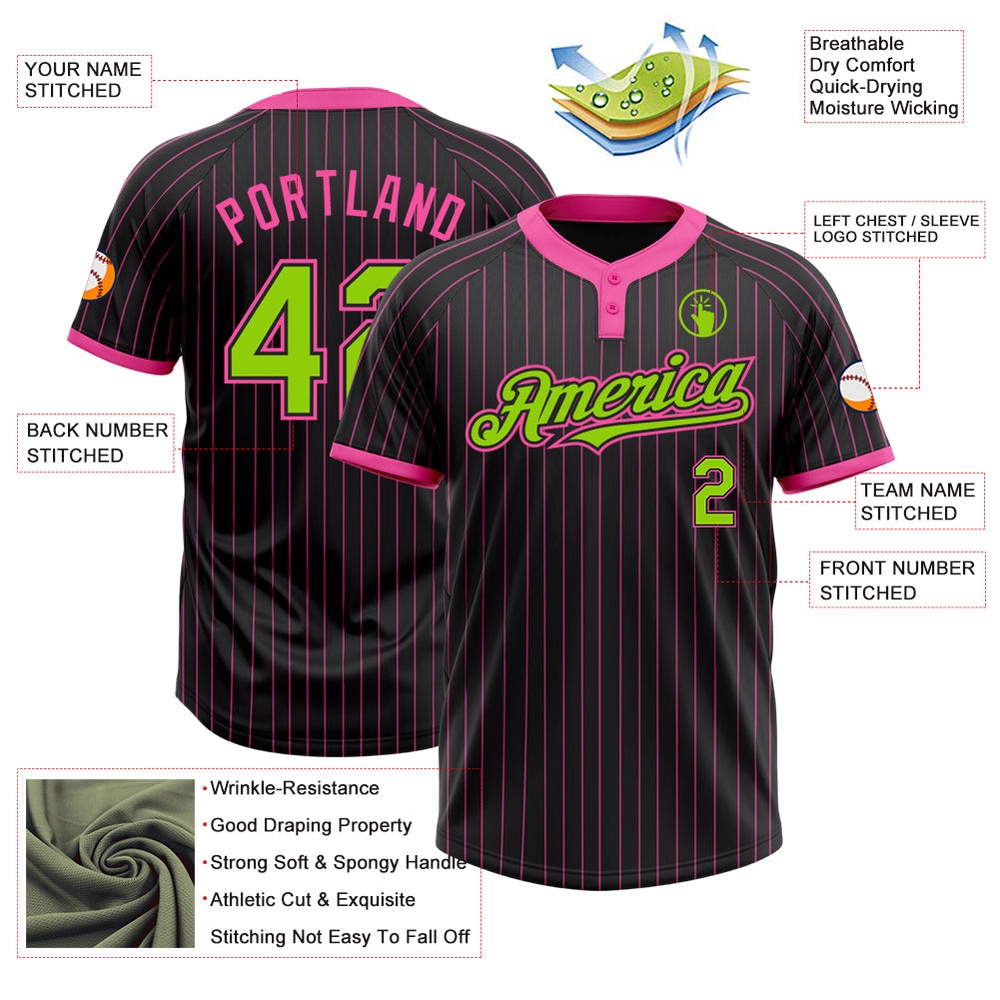 Black Pink Pinstripe Neon Green Two Button Unisex Softball Jersey, Custom Team Softball Jersey