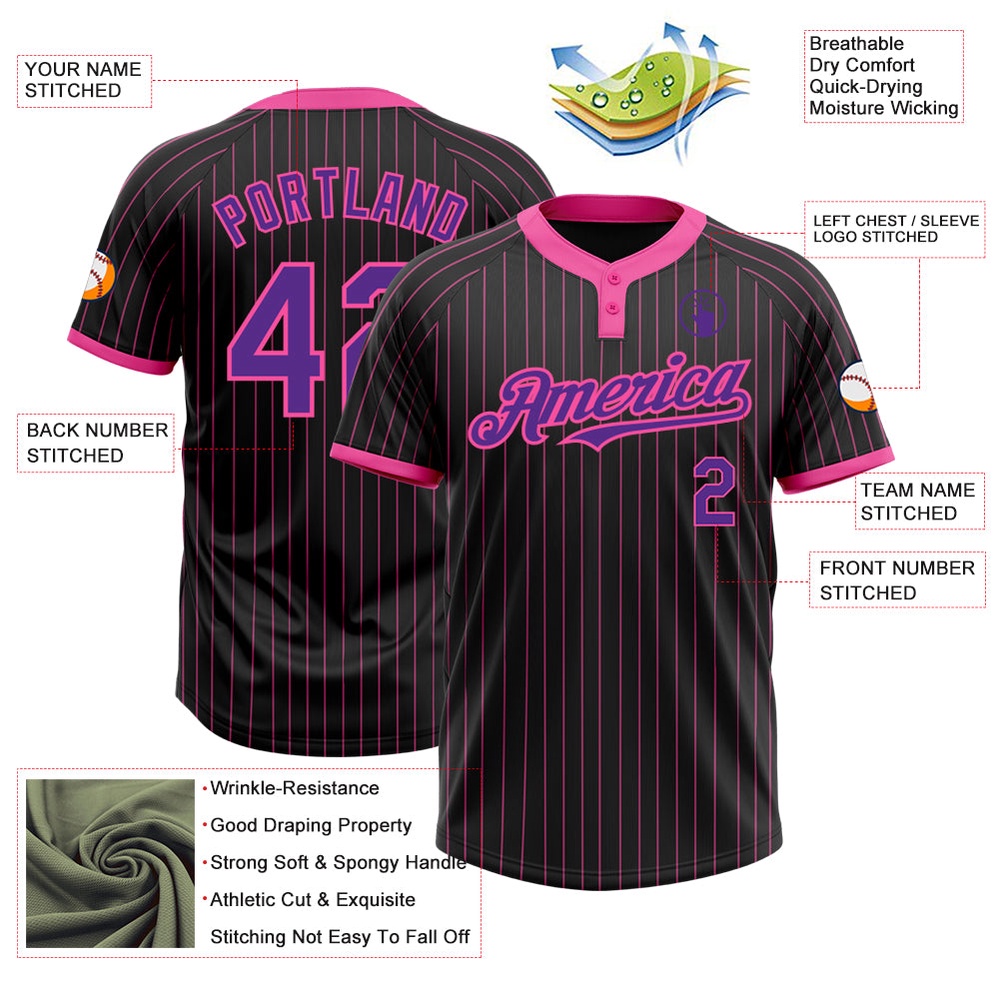 Black Pink Pinstripe Purple Two Button Unisex Softball Jersey, Custom Team Softball Jersey
