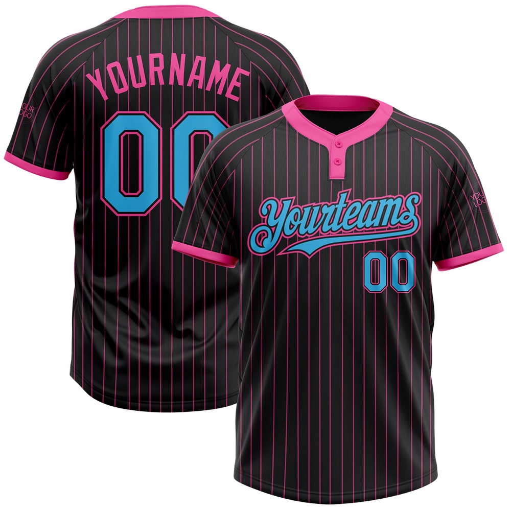 Black Pink Pinstripe Sky Blue Two Button Unisex Softball Jersey, Custom Team Softball Jersey